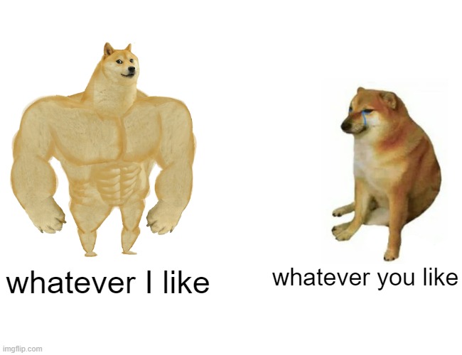 Generic Meme for any situation | whatever you like; whatever I like | image tagged in memes,buff doge vs cheems | made w/ Imgflip meme maker