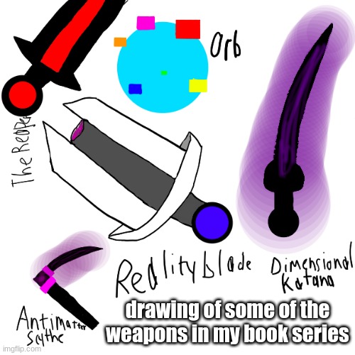 Yes, I know I have bad handwriting | drawing of some of the weapons in my book series | made w/ Imgflip meme maker
