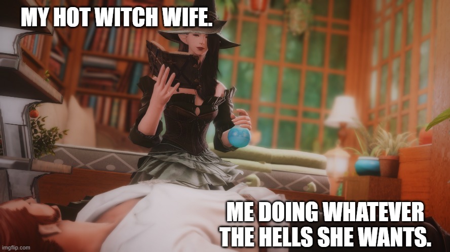 EsmeWitch | MY HOT WITCH WIFE. ME DOING WHATEVER THE HELLS SHE WANTS. | image tagged in final fantasy | made w/ Imgflip meme maker