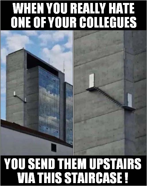 There Are Always Vacancies At This Firm | WHEN YOU REALLY HATE ONE OF YOUR COLLEGUES; YOU SEND THEM UPSTAIRS
VIA THIS STAIRCASE ! | image tagged in hate,collegues,stairway to heaven,vacancies | made w/ Imgflip meme maker