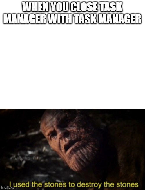 WHEN YOU CLOSE TASK MANAGER WITH TASK MANAGER | image tagged in thanos i used the stones to destroy the stones | made w/ Imgflip meme maker