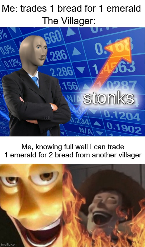 Stonks | Me: trades 1 bread for 1 emerald; The Villager:; Me, knowing full well I can trade 1 emerald for 2 bread from another villager | image tagged in stonk,satanic woody no spacing | made w/ Imgflip meme maker
