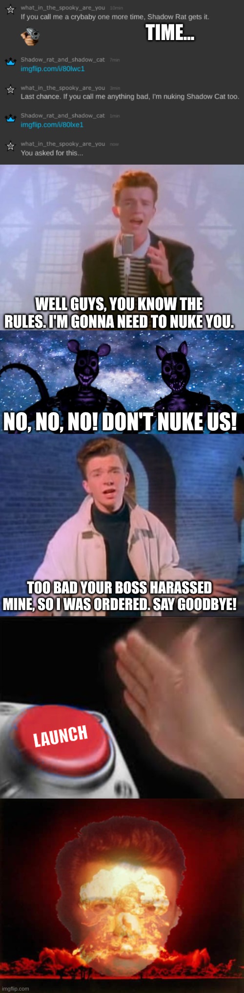 TIME... WELL GUYS, YOU KNOW THE RULES. I'M GONNA NEED TO NUKE YOU. NO, NO, NO! DON'T NUKE US! TOO BAD YOUR BOSS HARASSED MINE, SO I WAS ORDERED. SAY GOODBYE! LAUNCH | image tagged in rick astley,shadow rat and cat announcement page,rick astley never gonna let you down,i choose you,memes,nuclear explosion | made w/ Imgflip meme maker