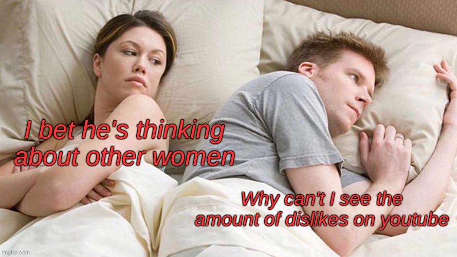 wHy NoR? | I bet he's thinking about other women; Why can't I see the amount of dislikes on youtube | image tagged in memes,i bet he's thinking about other women | made w/ Imgflip meme maker