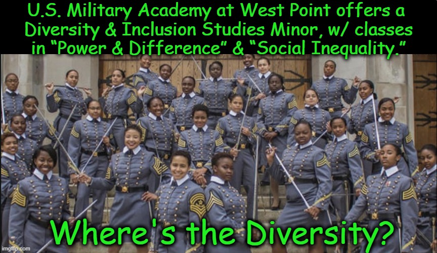 Social Justice Warrior Training? | U.S. Military Academy at West Point offers a 
Diversity & Inclusion Studies Minor, w/ classes
in “Power & Difference” & “Social Inequality.”; Where's the Diversity? | image tagged in politics,west point,diversity,sjws,equity,exclusion | made w/ Imgflip meme maker
