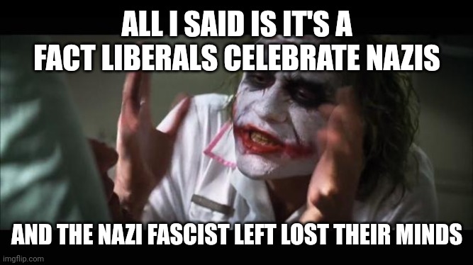 Democrat hypocrisy | ALL I SAID IS IT'S A FACT LIBERALS CELEBRATE NAZIS; AND THE NAZI FASCIST LEFT LOST THEIR MINDS | image tagged in lost their minds | made w/ Imgflip meme maker