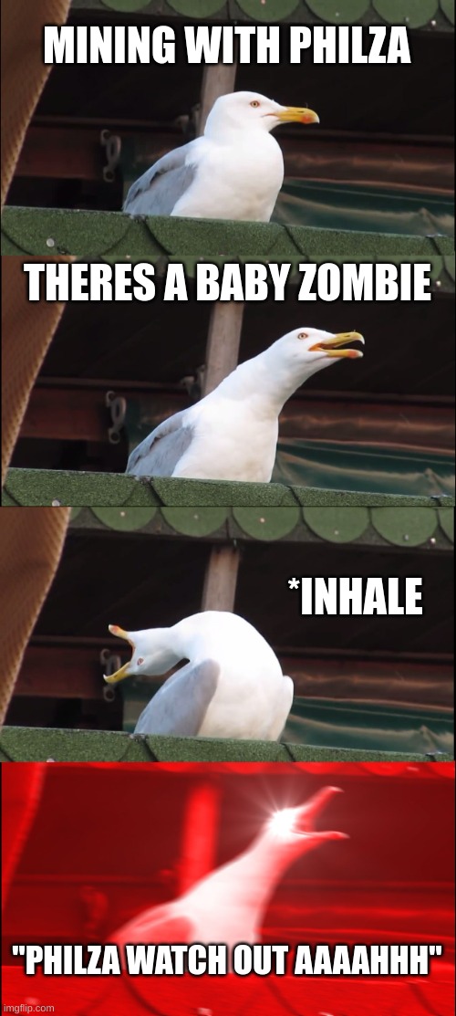 dsmp meme | MINING WITH PHILZA; THERES A BABY ZOMBIE; *INHALE; "PHILZA WATCH OUT AAAAHHH" | image tagged in memes,inhaling seagull | made w/ Imgflip meme maker