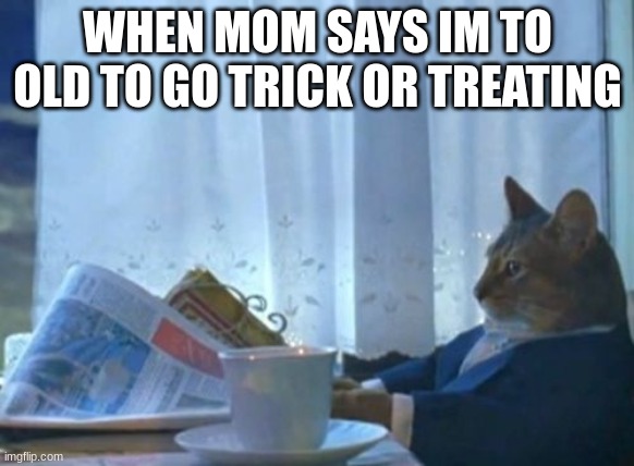 :( | WHEN MOM SAYS IM TO OLD TO GO TRICK OR TREATING | image tagged in memes,i should buy a boat cat | made w/ Imgflip meme maker