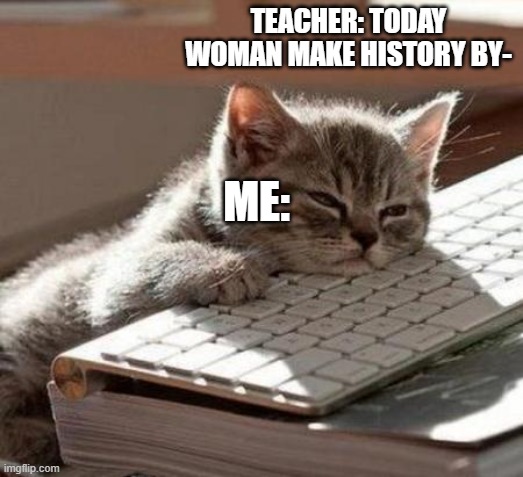 Bored | TEACHER: TODAY WOMAN MAKE HISTORY BY-; ME: | image tagged in tired cat,offensive | made w/ Imgflip meme maker
