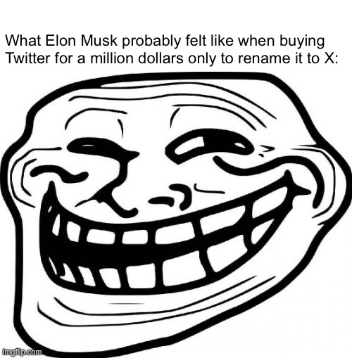 Nice job Elon you’ve done it again | What Elon Musk probably felt like when buying Twitter for a million dollars only to rename it to X: | image tagged in memes,troll face,twitter | made w/ Imgflip meme maker