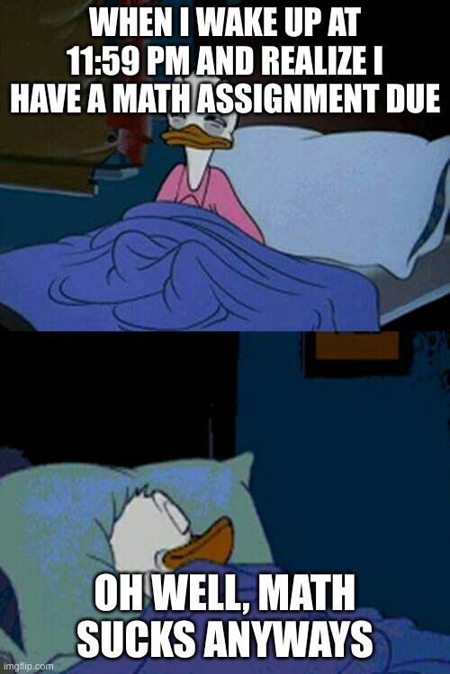 sleepy donald duck in bed | WHEN I WAKE UP AT 11:59 PM AND REALIZE I HAVE A MATH ASSIGNMENT DUE; OH WELL, MATH SUCKS ANYWAYS | image tagged in sleepy donald duck in bed | made w/ Imgflip meme maker