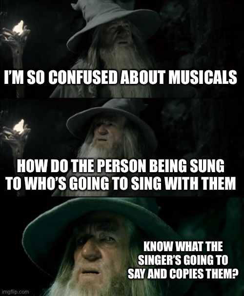 What I mean is that in musical duets, when the 2 sing, they know what they’re going to say together | I’M SO CONFUSED ABOUT MUSICALS; HOW DO THE PERSON BEING SUNG TO WHO’S GOING TO SING WITH THEM; KNOW WHAT THE SINGER’S GOING TO SAY AND COPIES THEM? | image tagged in memes,confused gandalf | made w/ Imgflip meme maker