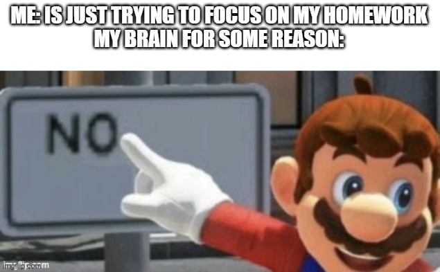 why tho | ME: IS JUST TRYING TO FOCUS ON MY HOMEWORK
MY BRAIN FOR SOME REASON: | image tagged in mario no sign | made w/ Imgflip meme maker