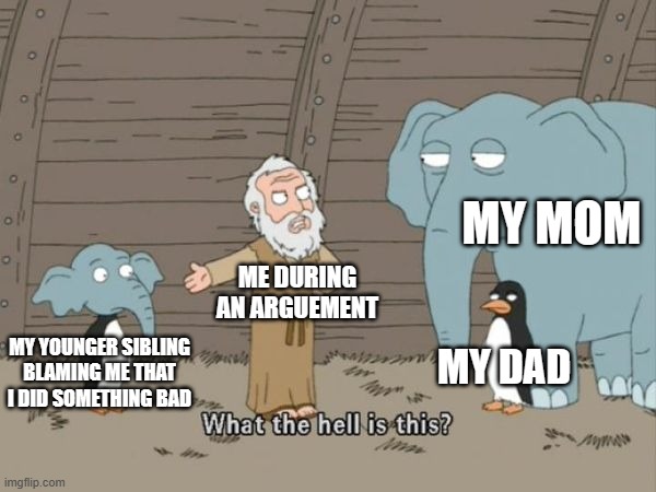 This is what happens ngl | MY MOM; ME DURING AN ARGUEMENT; MY YOUNGER SIBLING BLAMING ME THAT I DID SOMETHING BAD; MY DAD | image tagged in what the hell is this,memes,funny,relatable | made w/ Imgflip meme maker
