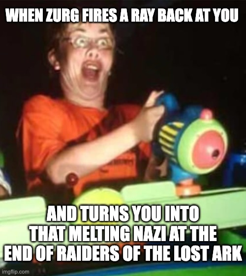 WHEN ZURG FIRES A RAY BACK AT YOU; AND TURNS YOU INTO THAT MELTING NAZI AT THE END OF RAIDERS OF THE LOST ARK | image tagged in buzz lightyear,disney,raides of the lost ark,buss lightyear ride | made w/ Imgflip meme maker