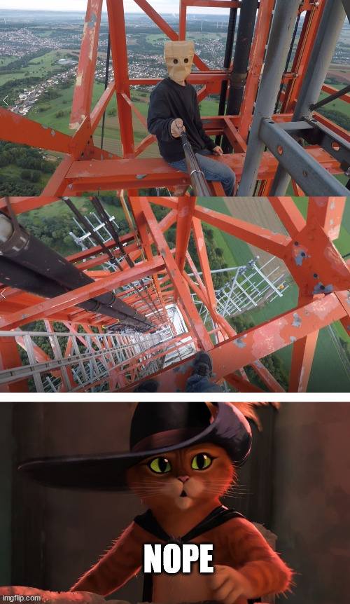 Puss in Boots 2, meme | NOPE | image tagged in puss in boots,template,lattice climbing,latticeclimbing,paperbag head | made w/ Imgflip meme maker