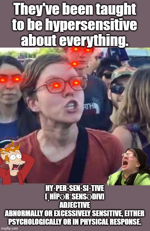 Angry LIBrat | They've been taught to be hypersensitive about everything. HY·PER·SEN·SI·TIVE
[ˌHĪPƏRˈSENSƏDIV]
ADJECTIVE
ABNORMALLY OR EXCESSIVELY SENSITIVE, EITHER PSYCHOLOGICALLY OR IN PHYSICAL RESPONSE. | image tagged in angry liberal | made w/ Imgflip meme maker