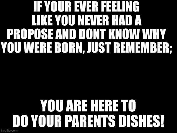 . | IF YOUR EVER FEELING LIKE YOU NEVER HAD A PROPOSE AND DONT KNOW WHY YOU WERE BORN, JUST REMEMBER;; YOU ARE HERE TO DO YOUR PARENTS DISHES! | made w/ Imgflip meme maker