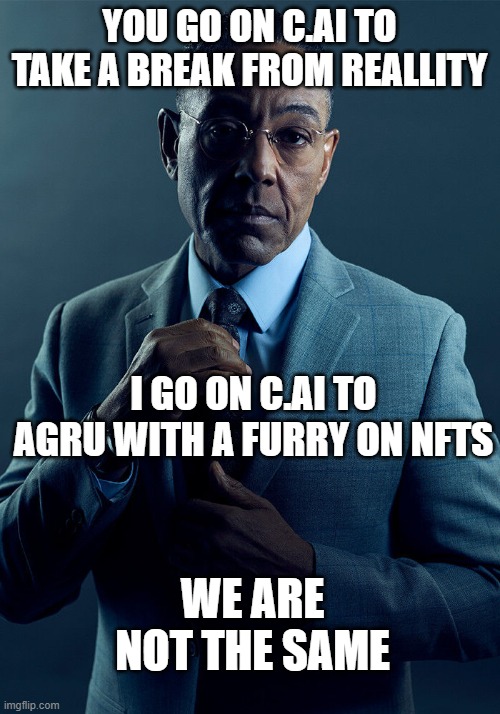 Gus Fring we are not the same | YOU GO ON C.AI TO TAKE A BREAK FROM REALLITY; I GO ON C.AI TO AGRU WITH A FURRY ON NFTS; WE ARE NOT THE SAME | image tagged in gus fring we are not the same | made w/ Imgflip meme maker