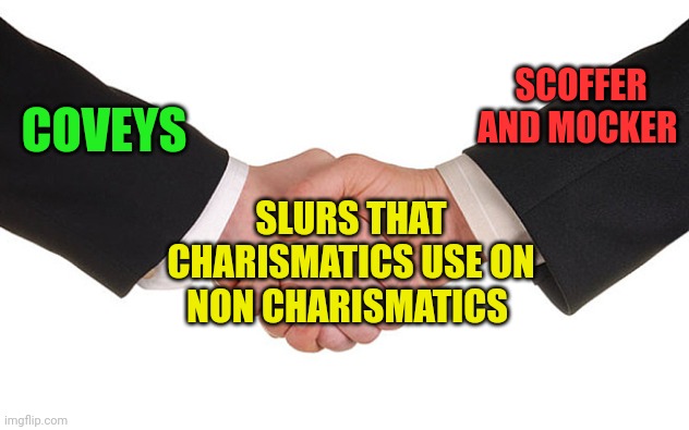 Business Handshake | SCOFFER AND MOCKER; COVEYS; SLURS THAT CHARISMATICS USE ON NON CHARISMATICS | image tagged in business handshake | made w/ Imgflip meme maker