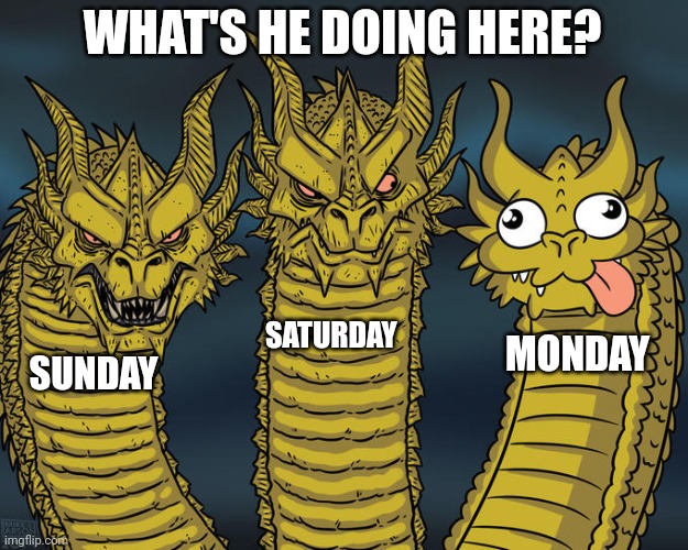 Three-headed Dragon | WHAT'S HE DOING HERE? SATURDAY; MONDAY; SUNDAY | image tagged in three-headed dragon | made w/ Imgflip meme maker