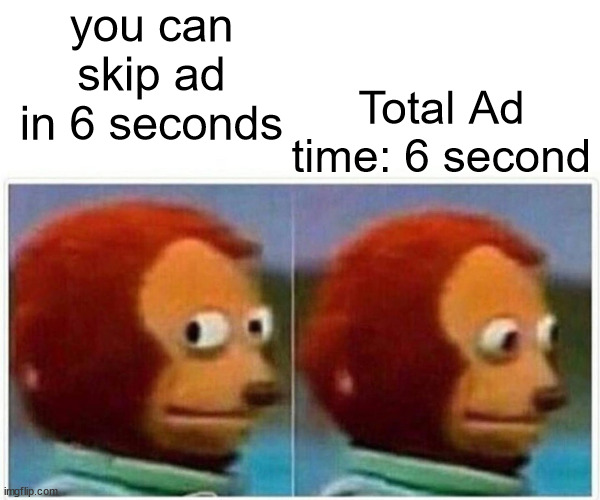 BRUH | you can skip ad in 6 seconds; Total Ad time: 6 second | image tagged in memes,monkey puppet | made w/ Imgflip meme maker