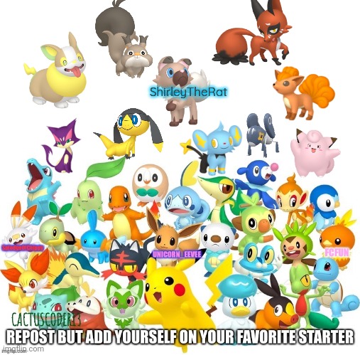 I added more, mainly based on the pfq starters to select from, but with Clefairy, Nymble, and Nickit. | ShirleyTheRat | image tagged in pokemon | made w/ Imgflip meme maker