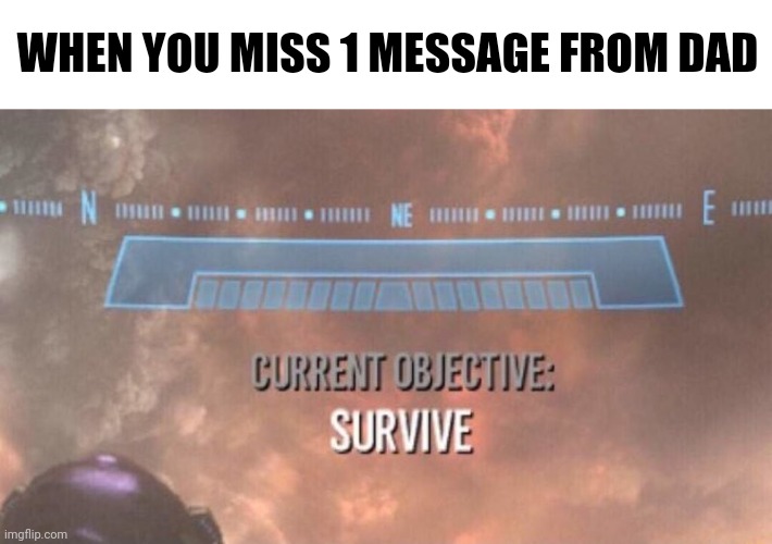 . | WHEN YOU MISS 1 MESSAGE FROM DAD | image tagged in current objective survive | made w/ Imgflip meme maker