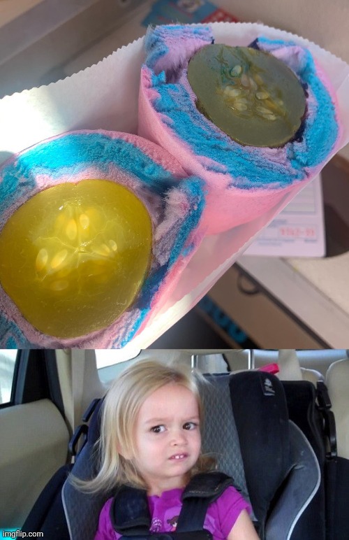 Cotton candy pickle wraps | image tagged in grossed out kid,cotton candy,pickle,pickles,memes,cursed image | made w/ Imgflip meme maker