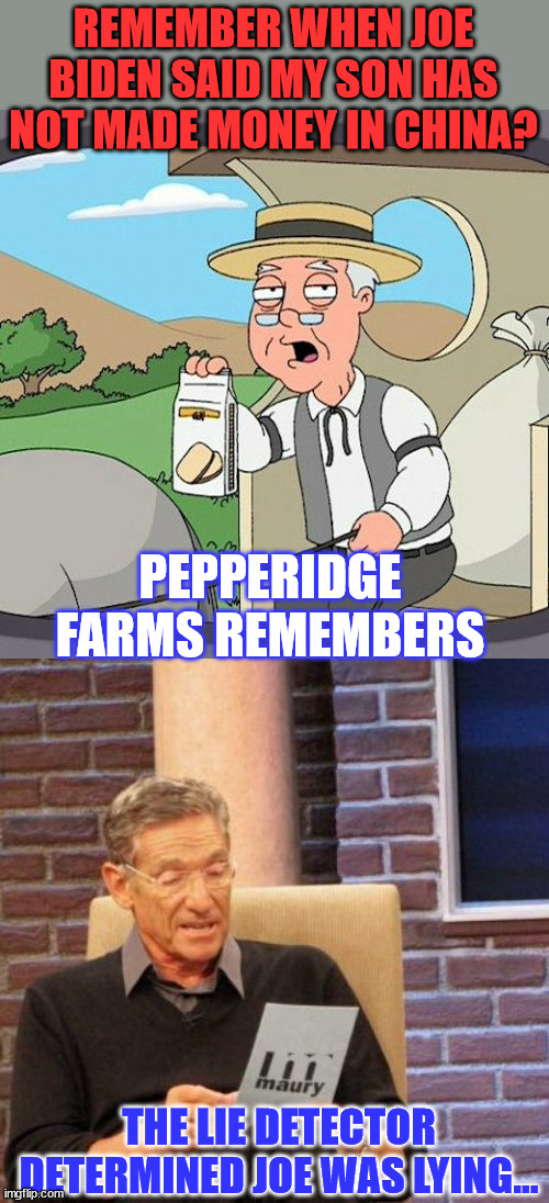 Joe Biden lied a lot during the 2020 Presidential debates... | REMEMBER WHEN JOE BIDEN SAID MY SON HAS NOT MADE MONEY IN CHINA? PEPPERIDGE FARMS REMEMBERS; THE LIE DETECTOR DETERMINED JOE WAS LYING... | image tagged in memes,pepperidge farm remembers,maury lie detector | made w/ Imgflip meme maker
