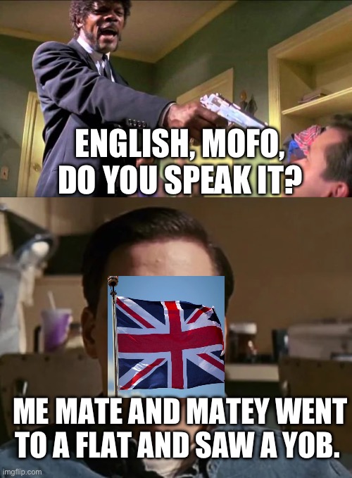Brit’s speak | ENGLISH, MOFO, DO YOU SPEAK IT? ME MATE AND MATEY WENT TO A FLAT AND SAW A YOB. | image tagged in say what again | made w/ Imgflip meme maker