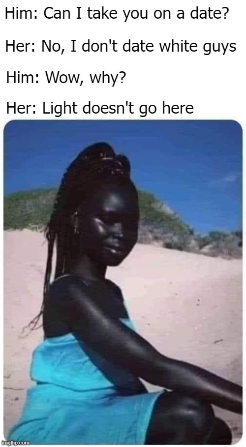 Dark .. humor :) | Him: Can I take you on a date? Her: No, I don't date white guys; Him: Wow, why? Her: Light doesn't go here | image tagged in funny,puns | made w/ Imgflip meme maker