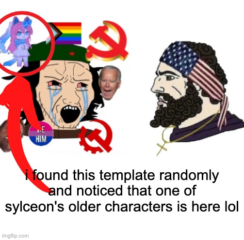 congratulations sylceon, you get the "most woke user" award (also i think this is my first post here lol) | i found this template randomly and noticed that one of sylceon's older characters is here lol | image tagged in che guevara and patriot chad average liberal vs chad 2023 ver | made w/ Imgflip meme maker
