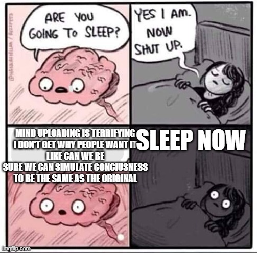Are you going to sleep? | SLEEP NOW; MIND UPLOADING IS TERRIFYING
I DON'T GET WHY PEOPLE WANT IT
LIKE CAN WE BE SURE WE CAN SIMULATE CONCIUSNESS TO BE THE SAME AS THE ORIGINAL | image tagged in are you going to sleep | made w/ Imgflip meme maker