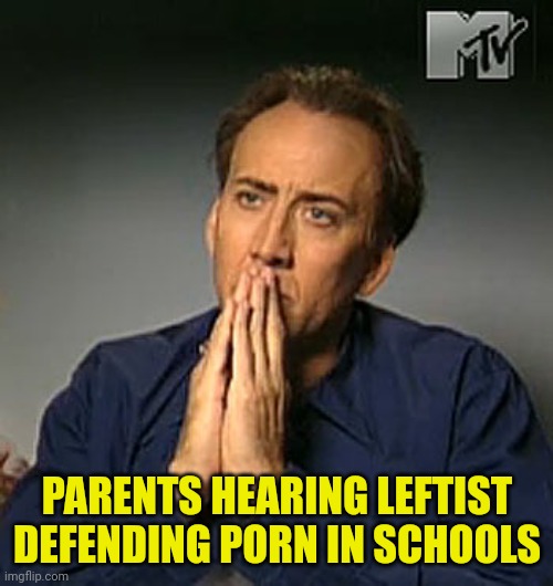 Nicolas Cage Contemplating | PARENTS HEARING LEFTIST DEFENDING PORN IN SCHOOLS | image tagged in nicolas cage contemplating | made w/ Imgflip meme maker