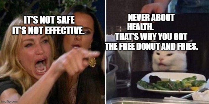 Karen Cat | NEVER ABOUT HEALTH.               THAT'S WHY YOU GOT THE FREE DONUT AND FRIES. IT'S NOT SAFE IT'S NOT EFFECTIVE. | image tagged in karen cat | made w/ Imgflip meme maker