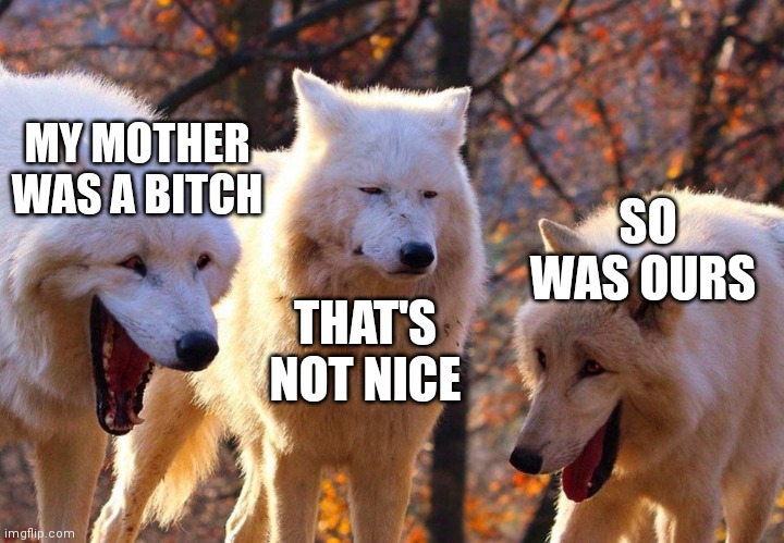 2/3 wolves laugh | MY MOTHER WAS A BITCH; SO WAS OURS; THAT'S NOT NICE | image tagged in 2/3 wolves laugh | made w/ Imgflip meme maker