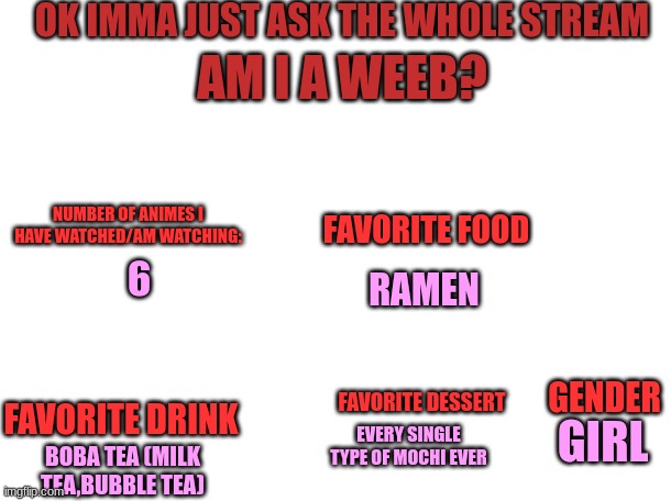 feel fee to make your own survey for yourself ^^ | OK IMMA JUST ASK THE WHOLE STREAM; AM I A WEEB? FAVORITE FOOD; NUMBER OF ANIMES I HAVE WATCHED/AM WATCHING:; 6; RAMEN; FAVORITE DESSERT; FAVORITE DRINK; GENDER; GIRL; EVERY SINGLE TYPE OF MOCHI EVER; BOBA TEA (MILK TEA,BUBBLE TEA) | made w/ Imgflip meme maker
