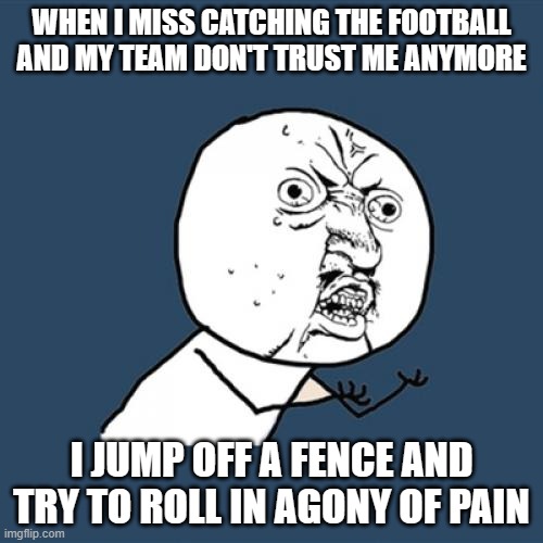 Y U No | WHEN I MISS CATCHING THE FOOTBALL AND MY TEAM DON'T TRUST ME ANYMORE; I JUMP OFF A FENCE AND TRY TO ROLL IN AGONY OF PAIN | image tagged in memes,y u no | made w/ Imgflip meme maker