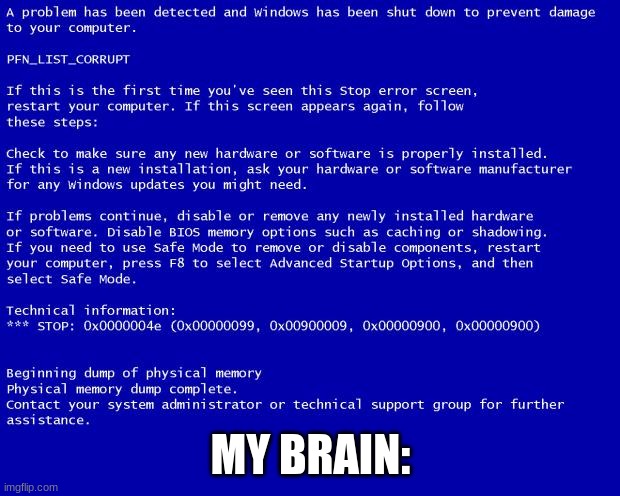 Blue screen of death | MY BRAIN: | image tagged in blue screen of death | made w/ Imgflip meme maker