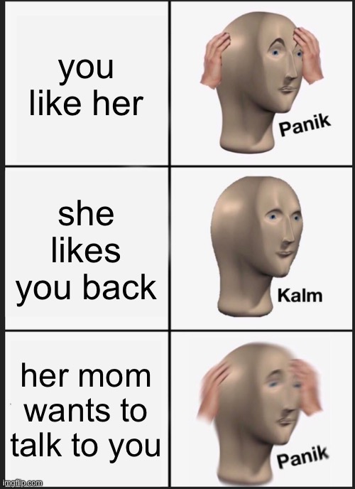 Panik | you like her; she likes you back; her mom wants to talk to you | image tagged in memes,panik kalm panik | made w/ Imgflip meme maker