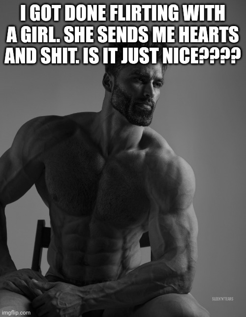 Giga Chad | I GOT DONE FLIRTING WITH A GIRL. SHE SENDS ME HEARTS AND SHIT. IS IT JUST NICE???? | image tagged in giga chad | made w/ Imgflip meme maker