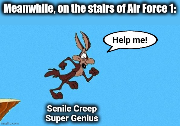 Wile E. Coyote | Meanwhile, on the stairs of Air Force 1: Senile Creep
Super Genius Help me! | image tagged in wile e coyote | made w/ Imgflip meme maker