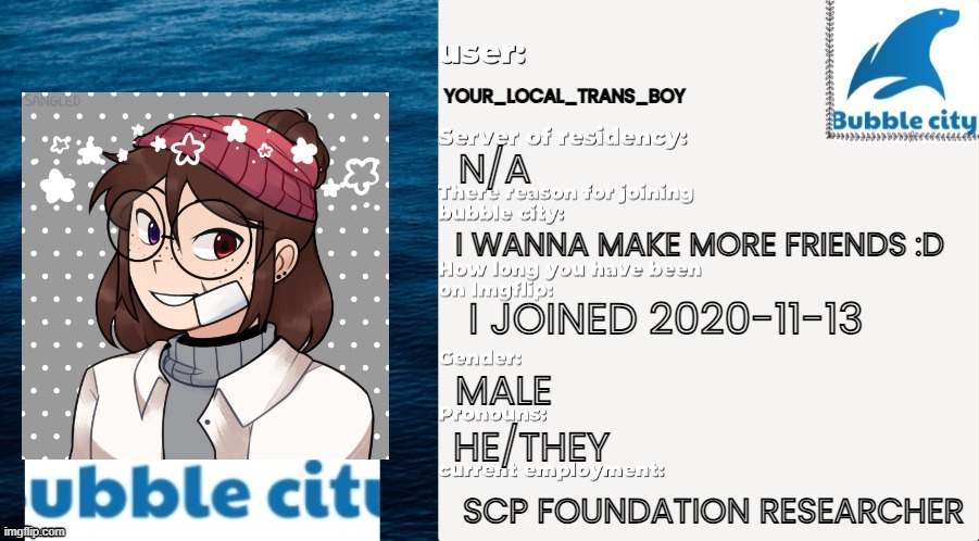 Passport (BBLZ's note: memechat me before you put foundation researcher. But u good, you're the first one.) | YOUR_LOCAL_TRANS_BOY; N/A; I WANNA MAKE MORE FRIENDS :D; I JOINED 2020-11-13; MALE; HE/THEY; SCP FOUNDATION RESEARCHER | image tagged in official bubble city passport template,accepted | made w/ Imgflip meme maker