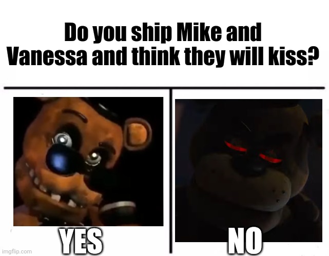 I do >:) | Do you ship Mike and Vanessa and think they will kiss? NO; YES | image tagged in memes,fnaf,fnaf movie,question,five nights at freddys | made w/ Imgflip meme maker