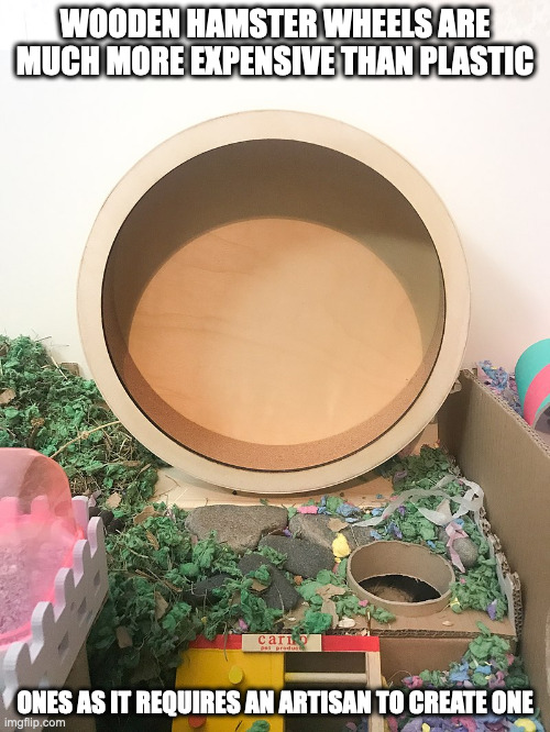 Wooden Hamster Wheel | WOODEN HAMSTER WHEELS ARE MUCH MORE EXPENSIVE THAN PLASTIC; ONES AS IT REQUIRES AN ARTISAN TO CREATE ONE | image tagged in hamster wheel,memes | made w/ Imgflip meme maker