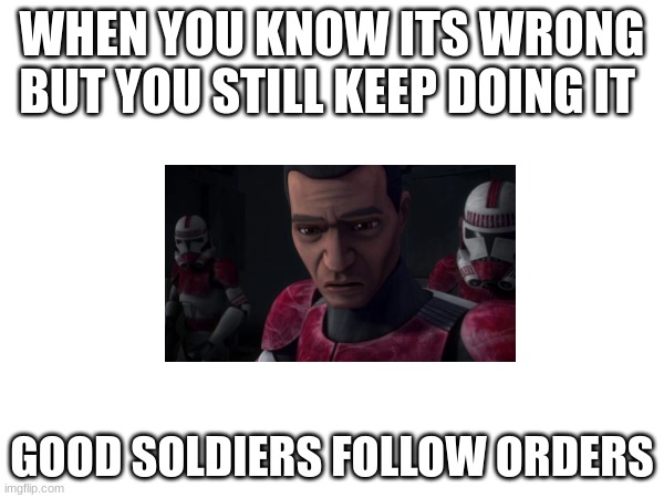 WHEN YOU KNOW ITS WRONG BUT YOU STILL KEEP DOING IT; GOOD SOLDIERS FOLLOW ORDERS | made w/ Imgflip meme maker