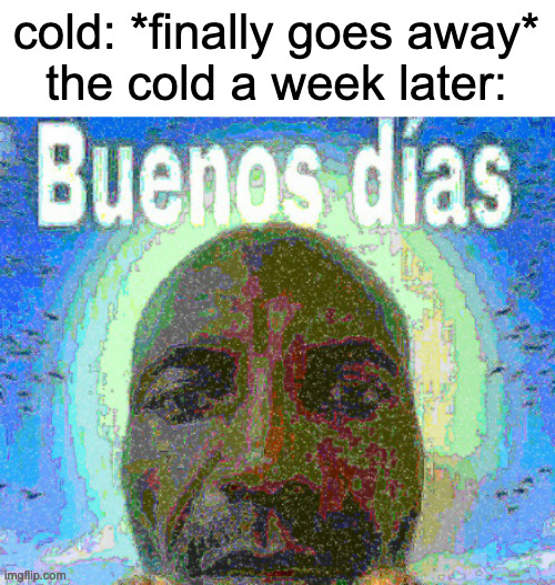 funny | cold: *finally goes away*
the cold a week later: | image tagged in buenos dias | made w/ Imgflip meme maker