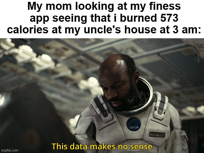 :0 | My mom looking at my finess app seeing that i burned 573 calories at my uncle's house at 3 am: | image tagged in blank white template,this data makes no sense | made w/ Imgflip meme maker