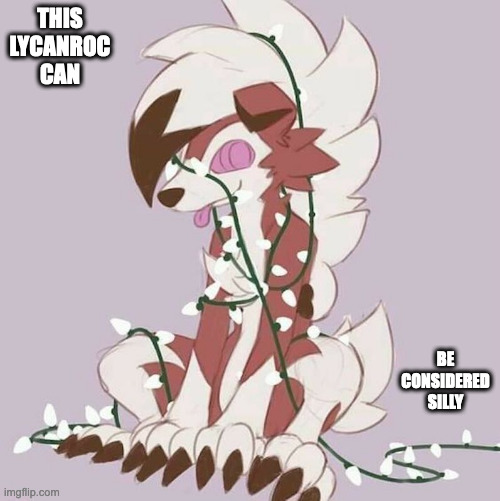 Midnight Lycanroc Tangled in Christmas Light | THIS LYCANROC CAN; BE CONSIDERED SILLY | image tagged in lycanroc,pokemon,memes | made w/ Imgflip meme maker